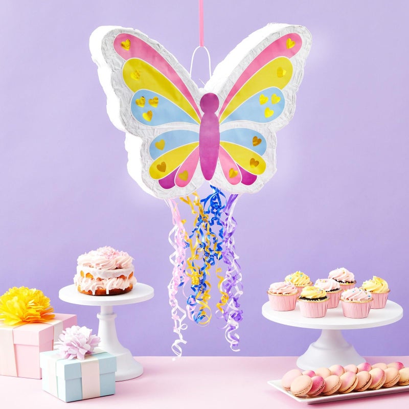 BLUE PANDA Butterfly Pinata Pull String - 16.5 x 13 x 3 In, Pink, Yellow & Blue - Rainbow & Pull-Apart PiÃ±ata for Birthday Party Decoration & Garden Theme Fairy Party - Image 2